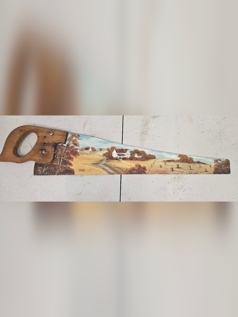 Hand-Painted Rustic Farm Scene Saw